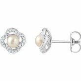 652727 / Set / 14K White / PAIR / Polished / White Freshwater Cultured Pearl And 1 / 6 Ctw Diamond Earrings